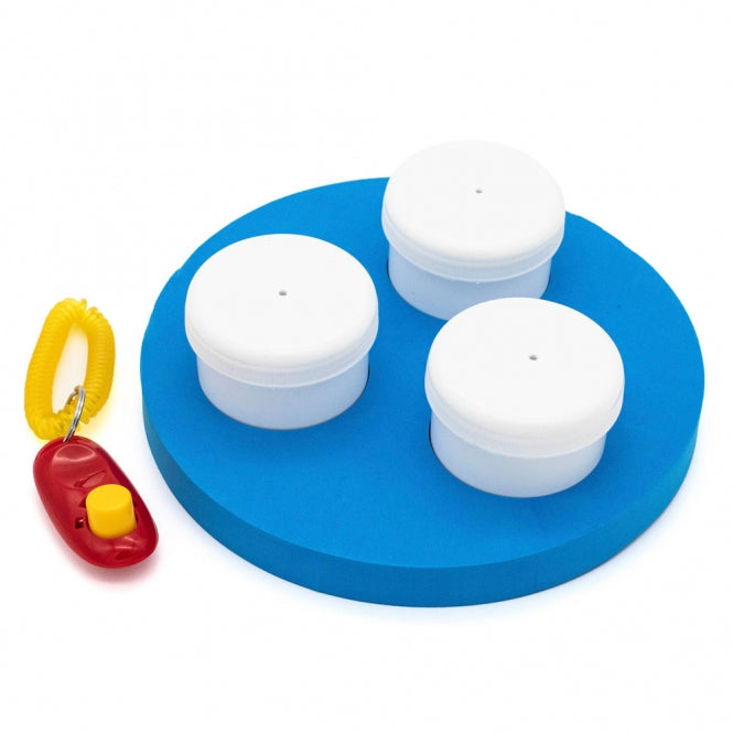 PROCYON Schnüffel-Ring Set: blauer Ring mit drei weißen Schnüffeldosen und rotem Klicker mit Handschlaufe, Produktfoto auf Weiß